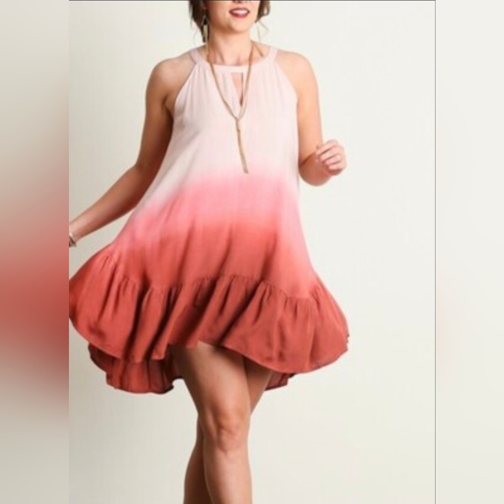 Umgee Boho Berry Ombre Ruffle Hem Swing Tunic Dress Sundress L Boho Cruise Beach